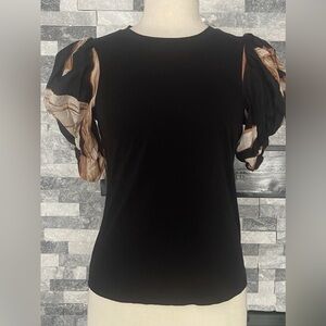 Dkny Black Top with Brown Patterned Puff Sleeves